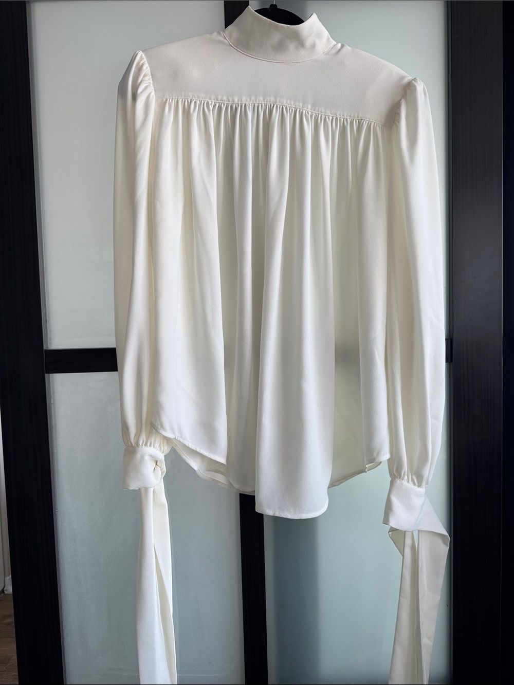 Elegant Cream High-Neck Tie-Sleeve Blouse
